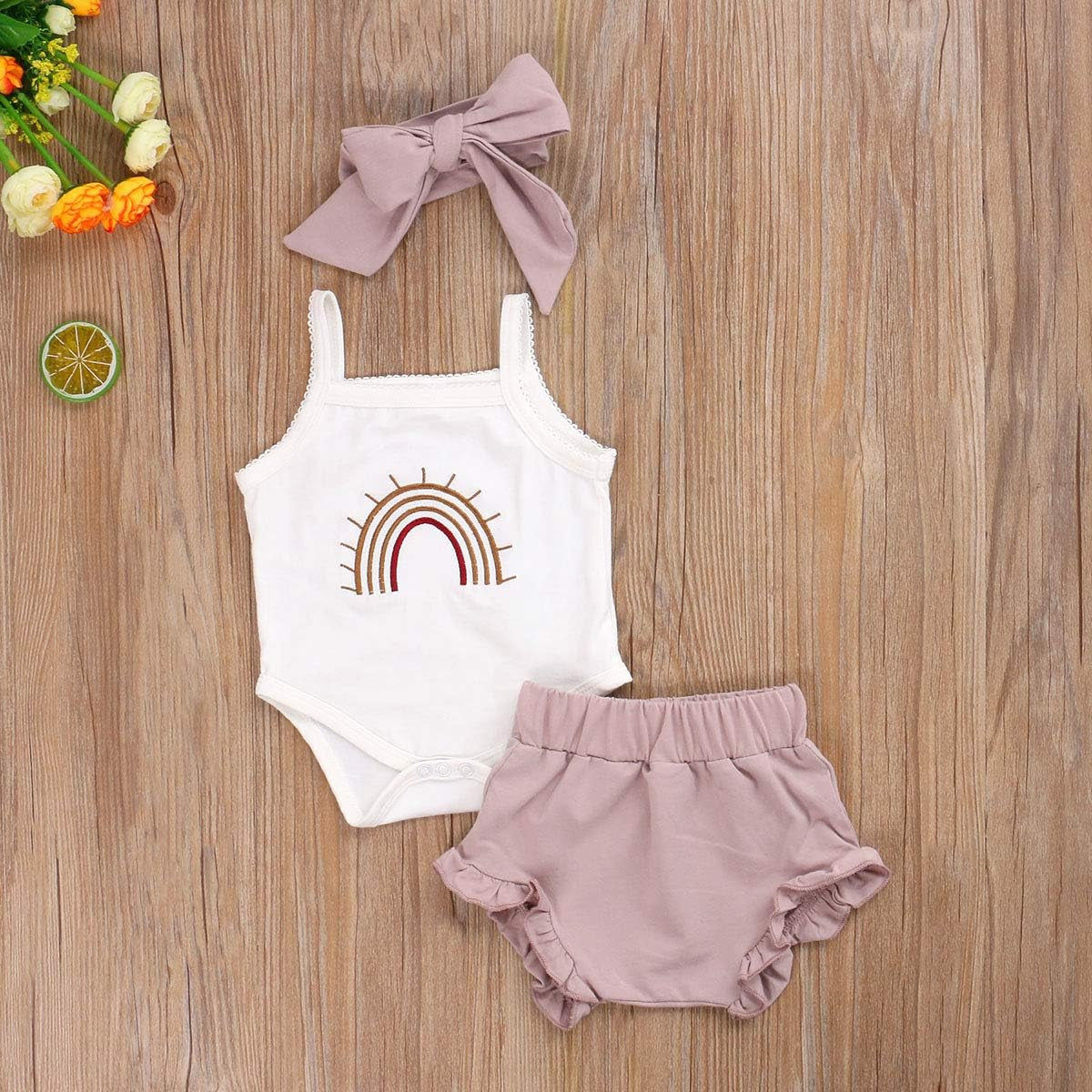 Newborn Baby Girl Clothes Cotton Infant Romper Headband Shorts Play Wear Summer Rainbow Outfits