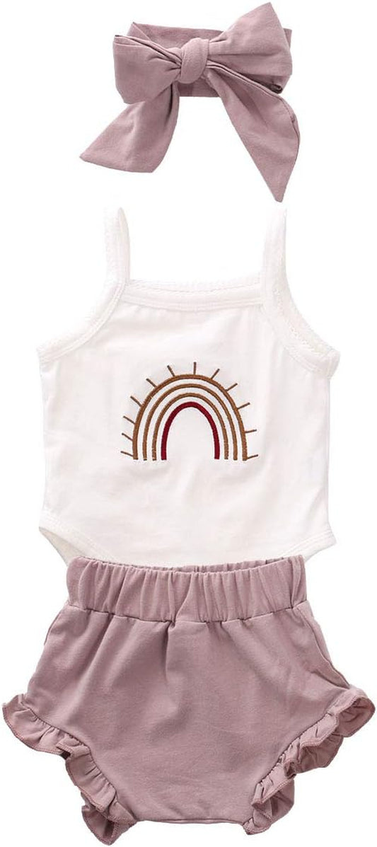 Newborn Baby Girl Clothes Cotton Infant Romper Headband Shorts Play Wear Summer Rainbow Outfits