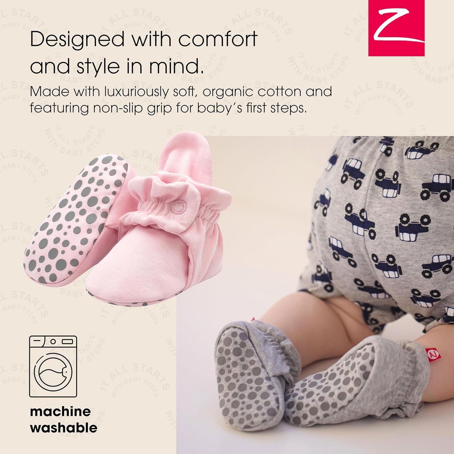 Organic Cotton Baby Booties with Gripper Soles, Soft Sole Stay-On Baby Shoes